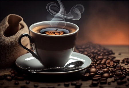 Coffee cup and coffee beans on wooden table with smoke.Realistic food&beverage illustrations.の素材