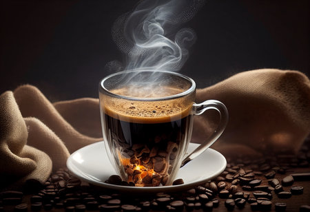 Realistic hot coffee with roasted coffee beans on wooden table.
Realistic food&beverage illustrations.の素材