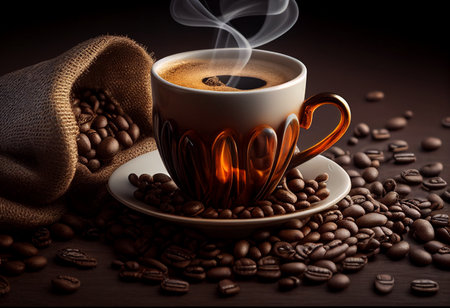 Coffee background,realistic hot coffee with roasted coffee beans on wooden table.
Realistic food&beverage illustrations.の素材