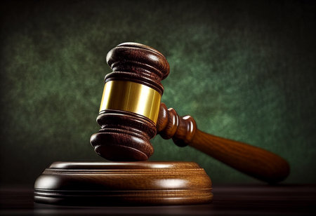 Realistic 3d render mallet of the judge,ancient symbol of law on blurred background.の素材