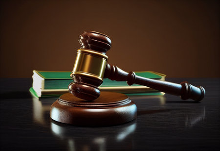 Realistic 3d render mallet of the judge,ancient symbol of law on blurred background.の素材