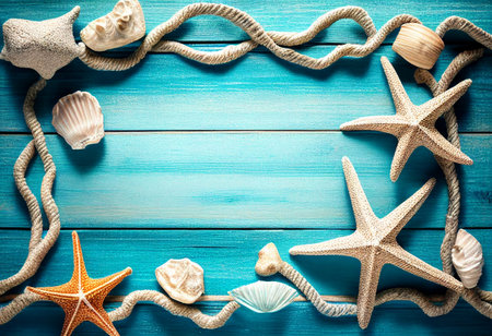 Beach wood background with starfish, shells, coral on wood table.の素材