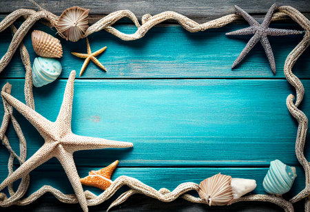 Beach wood background with starfish, shells, coral on wood table.の素材