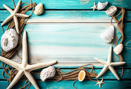 Beach wood background with starfish, shells, coral on wood table.の素材