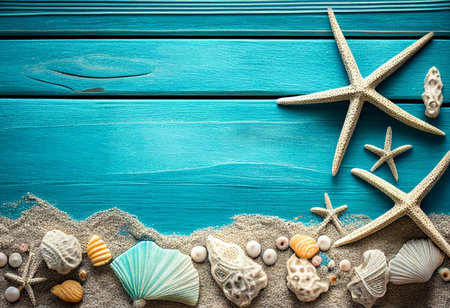 Tropical border beach summer,starfish,shells,coral and beach sand on beach wood in blue sea color background.の素材