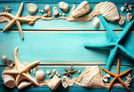 Tropical border beach summer,starfish,shells,coral and beach sand on beach wood in blue sea color background.の素材