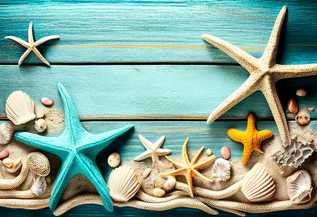 Tropical border beach summer,starfish,shells,coral and beach sand on beach wood in blue sea color background.の素材