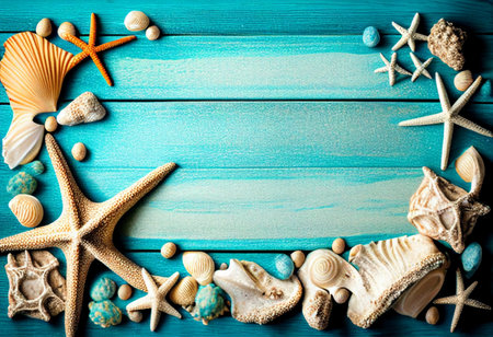 Tropical border beach summer,starfish,shells,coral and beach sand on beach wood in blue sea color background.の素材