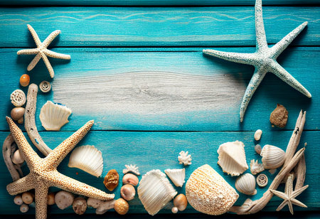 Tropical border beach summer,starfish,shells,coral and beach sand on beach wood in blue sea color background.の素材