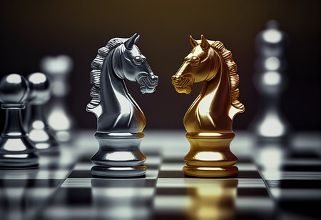 Gold and silver knight chess piece face to face on chessboard.の素材