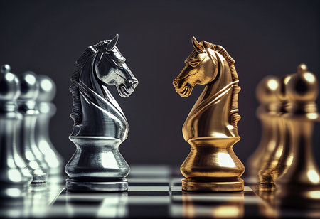 Gold and silver knight chess piece face to face on chessboard.の素材