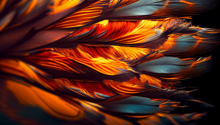 A close-up of colorful chicken feather structure.Feathers of various types of chickens and birds.の素材