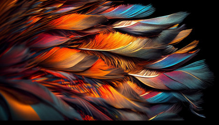Colorful feathers on a black background. Close-up. Feathers of various types of chickens and birds.の素材
