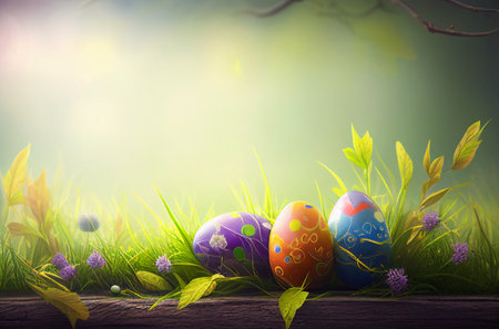 Colorful easter eggs,celebrate happy easter with green grass, blurred nature background with copy space for text and wooden planks to showcase products.の素材