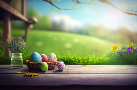 Easter eggs in a basket on a wooden table in front of nature background.Copy space for text and wooden planks to showcase products.の素材