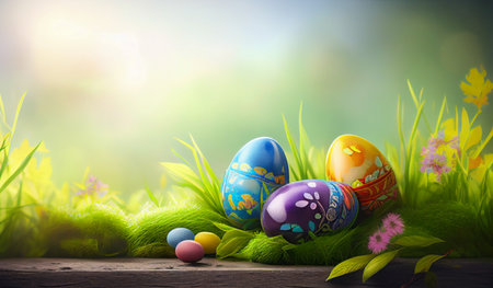 Easter eggs on green grass with bokeh light background.Copy space for text and wooden planks to showcase products.の素材