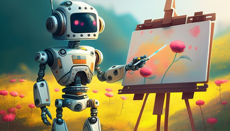 The robot is a painter,artist  who paints a field of beautiful colorful flowers.の素材