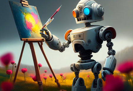 The robot is a painter,artist  who paints a field of beautiful colorful flowers.の素材