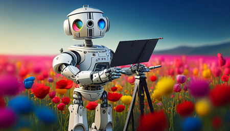 The robot is a painter,artist  who paints a field of beautiful colorful flowers.の素材