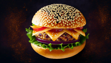Healthy vegan hamburger with vegetables,low-fat for weight loss,minus the excess oil, additives, and calories on dark background.の素材