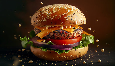 Healthy vegan hamburger with vegetables,low-fat for weight loss,minus the excess oil, additives, and calories on dark background.の素材