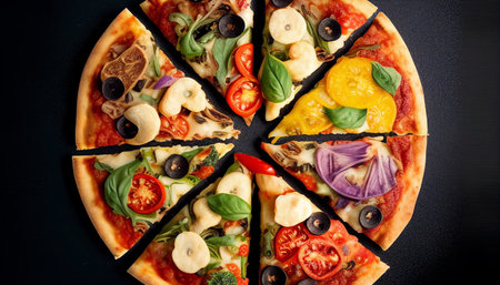 Pizza with mushrooms, olives and tomatoes on a black background.Healthy Homemade Pizza,Vegetable Toppings,Vegan Pizza.の素材
