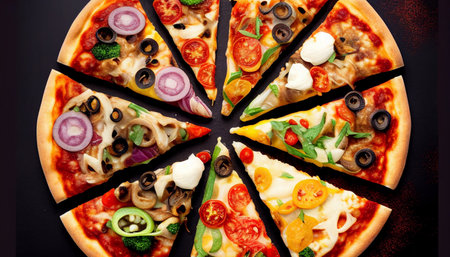Pizza with mozzarella cheese, olives and tomatoes on black background.Healthy Homemade Pizza,Vegetable Toppings,Vegan Pizza.の素材