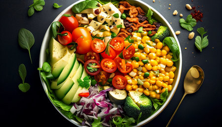 Healthy Vegetarian Bowl,Quinoa,Fresh Vegetables,Healthy Food,Vegan Salad With Greens, Avocado, Cherry Tomatoes, Radish, Corn,Mushroom,Shallots,Broccoli,Vegetables On Dark Background - Stock Photoの素材