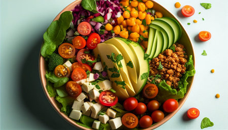 Healthy Vegetarian Bowl,Quinoa,Fresh Vegetables,Healthy Food,Vegan Salad With Greens, Avocado, Cherry Tomatoes, Radish, Corn,Mushroom,Shallots,Broccoli,Vegetables On Dark Background - Stock Photoの素材