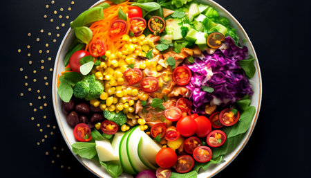 Healthy Vegetarian Bowl,Quinoa,Fresh Vegetables,Healthy Food,Vegan Salad With Greens, Avocado, Cherry Tomatoes, Radish, Corn,Mushroom,Shallots,Broccoli,Vegetables On Dark Background - Stock Photoの素材
