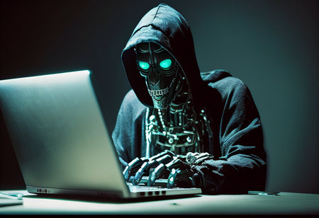Hooded hacker ai robot is typing password to steal,hack data using laptop,notebook on dark background.4th industrial revolution concept.Cybercrime concept.の素材