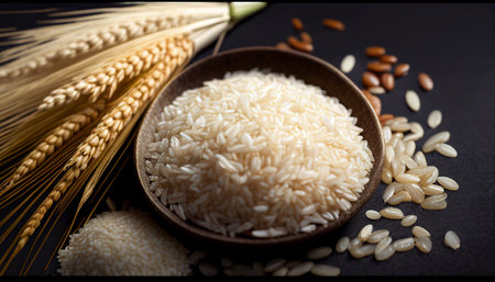 Rice grains in wooden bowl and spikelets on black background.Harvest rice and food grains cooking concept.の素材