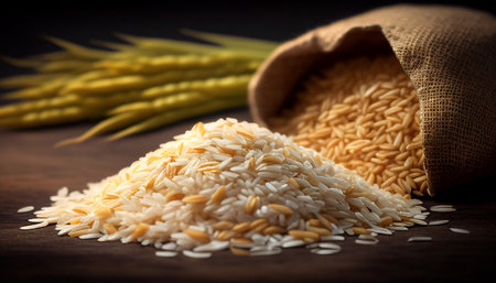 Rice grains and wheat ears on wooden table.Harvest rice and food grains cooking concept.の素材