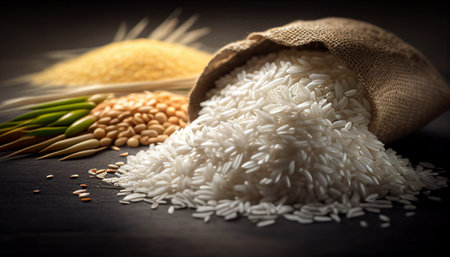 Rice grains and cereals on black wooden background with copy space.Harvest rice and food grains cooking concept.の素材