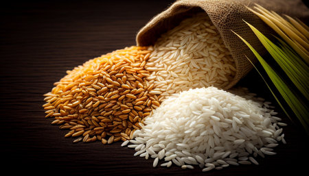 Variety of rice in sack on wooden background, healthy food concept.
Harvest rice and food grains cooking concept.の素材