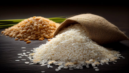 Pile of rice and wheat grain on black wooden table background.Harvest rice and food grains cooking concept.の素材