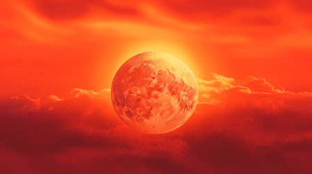 The sun is full red with the sky and clouds red.High temperature and hot weather.Climate change and global warming concept.の素材
