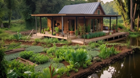 Beautiful garden with a wooden house and a pond in the background.The sufficiency economy philosophy concept.の素材