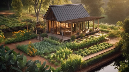 3d render of a small wooden house in the beautiful garden.The sufficiency economy philosophy concept.の素材