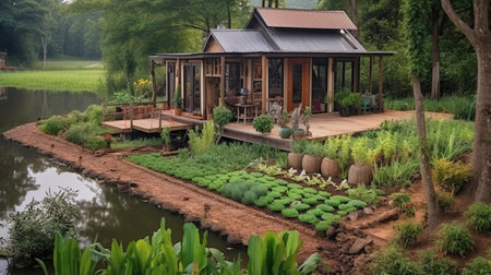 Luxury cottage in the middle of a green garden with a pond.The sufficiency economy philosophy concept.の素材