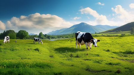 Cows grazing on green meadow with mountains and blue sky background.
Dairy cows feeding, grazing in pasture, natural organic milk production concept.の素材