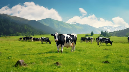 Cows grazing on green meadow in mountains under blue sky with clouds.
Dairy cows feeding, grazing in pasture, natural organic milk production concept.の素材