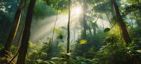 Beautiful green forest with sun rays and fog in the morning.Climate solutions carbon credit concept.の素材