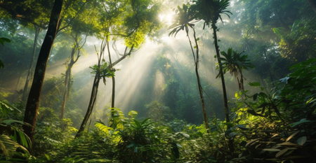 Beautiful tropical rainforest in the morning with sunbeams and lens flare.Climate solutions carbon credit concept.の素材