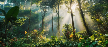 Panorama of tropical rainforest with sunbeams shining through the trees.Flowers in forest nature background.
Climate solutions carbon credit concept.の素材