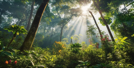 Sunlight shining through the trees in the rainforest.Flowers in forest nature background.
Climate solutions carbon credit concept.の素材