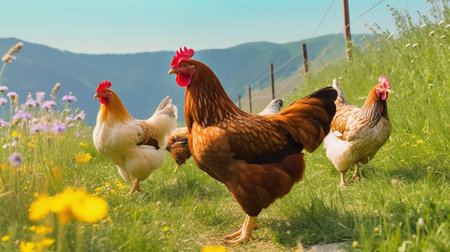 Chickens in the meadow on the background of the mountains.Natural healthy food and organic farming concept.の素材