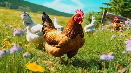 Chicken in the meadow on a sunny summer day with flowers.Natural healthy food and organic farming concept.の素材