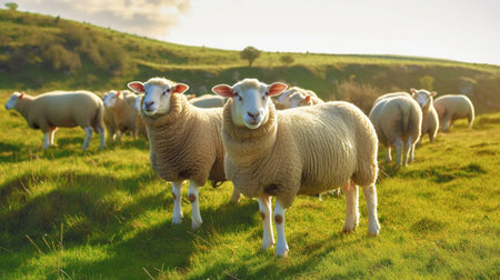 Flock of sheep in a meadow in the light of sunset.
Natural healthy food and organic farming concept.の素材
