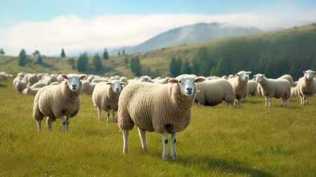Flock of sheep grazing on a field of farmland.
Natural healthy food and organic farming concept.の素材